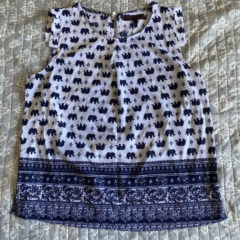 Elephant Print Sleeveless Blouse - Blue